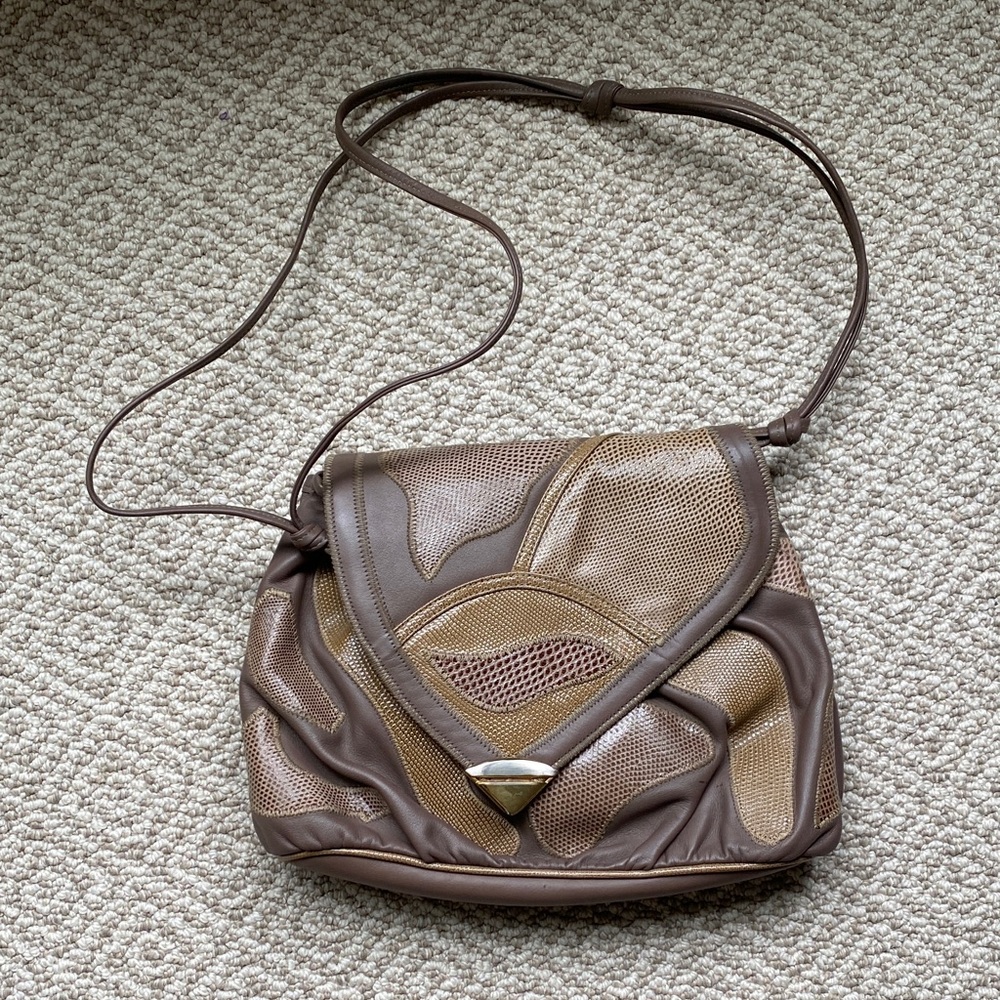 Vintage Bags by Varon Brown and Tan Patchwork Leather and Skin Shoulder Bag